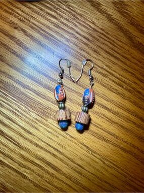 Handcrafted Blue and Orange Beaded Dangle Earrings
